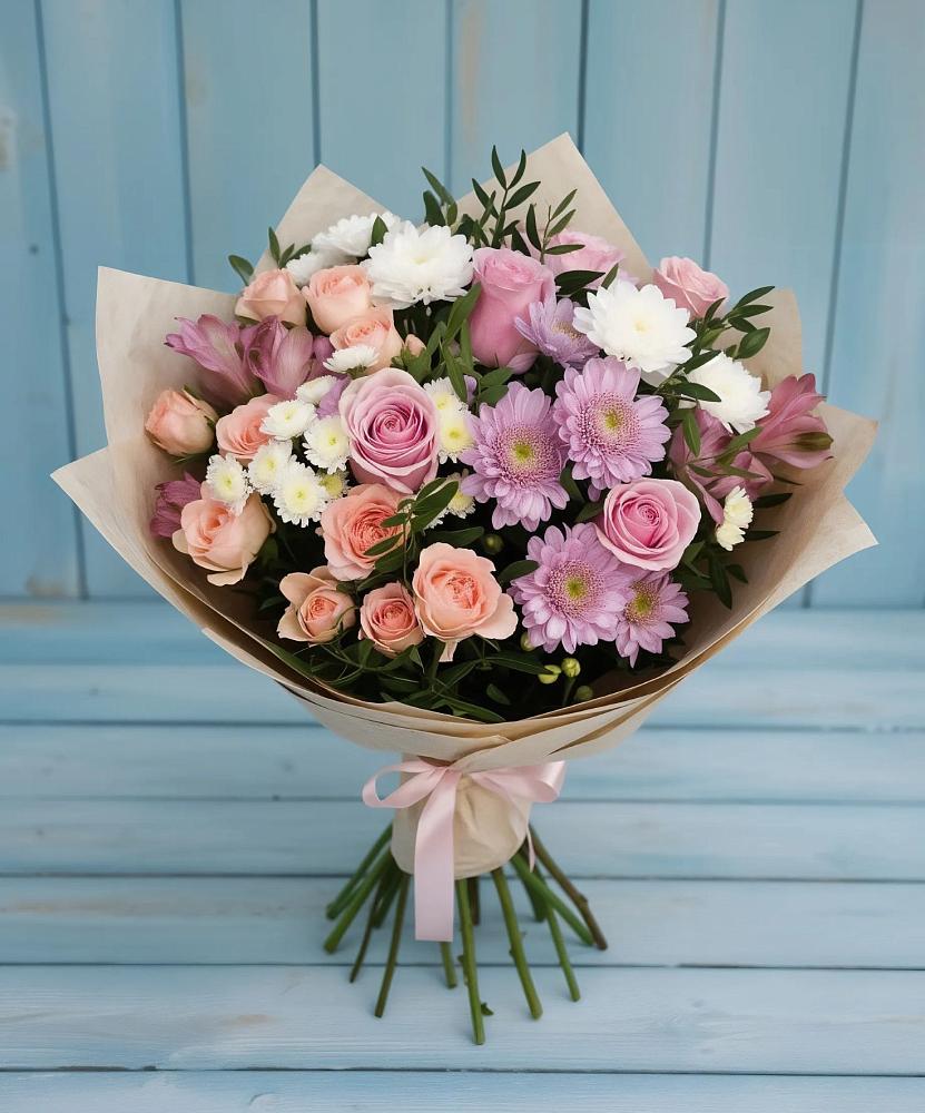 Букет цветов из: Хризантемы, Розы и Альстромерии в Нижне-Чирской