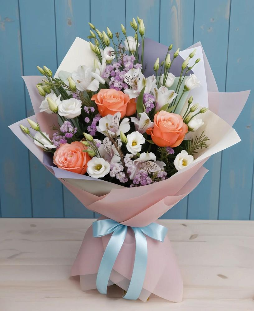 Букет цветов из: Лизиантусы, Розы, Альстромерии и Гипсофила в Нижне-Чирской