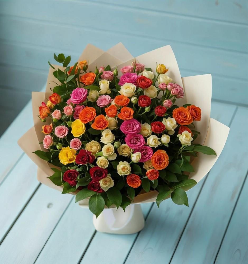Букет Микс из разноцветных кустовых роз в Нижне-Чирской